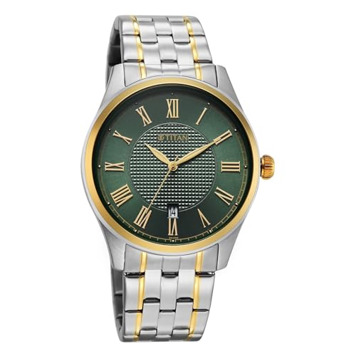 Image of Titan Neo Roman Analog with Green Dial Dual Tone Stainless Steel Strap Watch for Men - 10063BM01