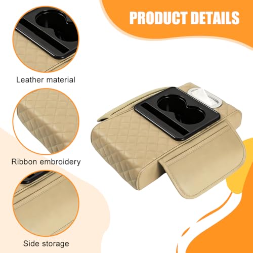 Image of Car Armrest Cushion, 5-in-1 Nappa Leather Vehicle Centre Console Cover with 2 Storage Pockets, Cup Phone & Phone Holder, Multifunctional Auto Organiser Accessories, Universal Fit (Beige)