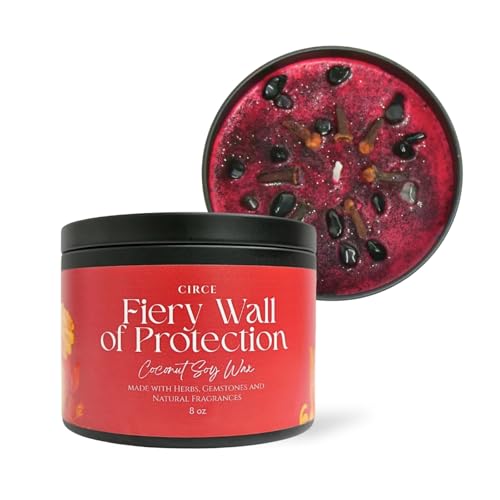 Circe Spell Candle Fiery Wall of Protection Coconut Soy Wax Candle Jar Premium Hand Poured & Long Burning Herbs Crystal & Natural Fragrance Oils- Repel Negativity & Shield Aura - Gift - 8oz