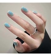Blue Press on Nails Square Fake Nails Short False Nails Gradient Design Full Cover Artificial Glo...