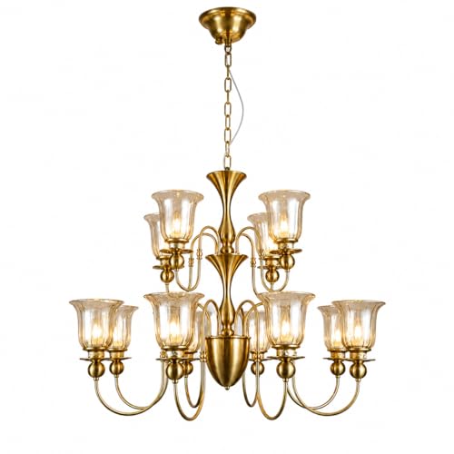 Image of Luxury Italian Chandelier Light, 12-Light Champagne Glass, Brass Finish for Dining Hall, Drawing Room, Lobby, Hall, Cafe, Hotel with Filament Bulbs, Gold