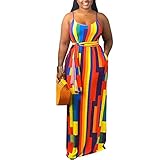 BFFBABY Womens Summer Suspender Maxi Dress Plus Size Striped Printed Sleeveless with Pockets and Belt