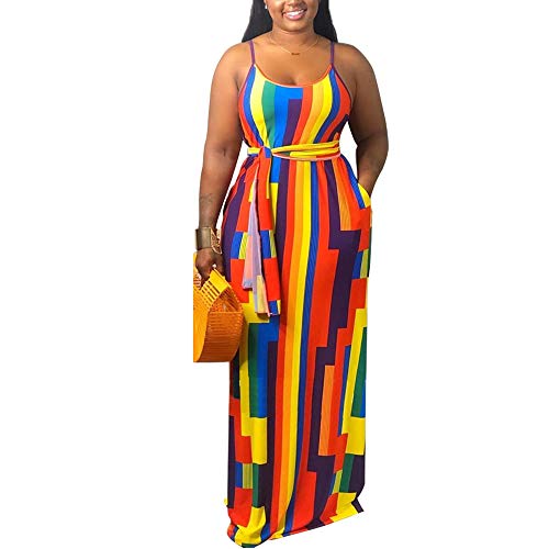 BFFBABY Womens Summer Suspender Maxi Dress Plus Size Striped Printed