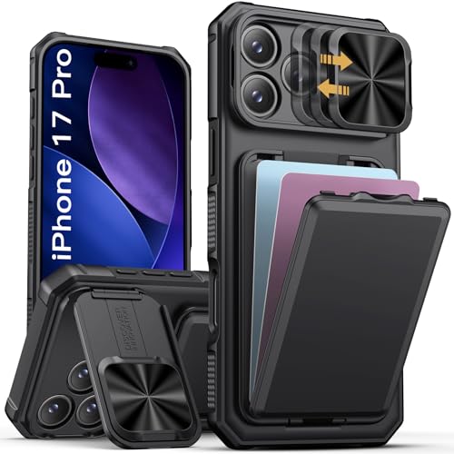 SSLOTSCASE for iPhone 17 Pro Case with Card Holder & Kickstand & Slide Camera Lens Cover & Camera Stand & Wallet Military-Grade Heavy Duty Rugged Phone Case Cover for iPhone 17 Pro 6.3 2025 Black
