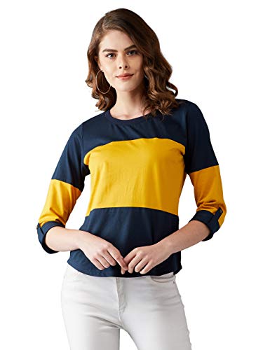 Image of Miss Chase Women's Navy Blue and Mustard 100% Cotton T-Shirt