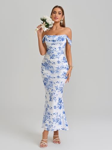 Image of KUTUMAI Off The Shoulder Maxi Long Dress Corset Ruched Bodycon Cocktail Formal Wedding Guest Dresses for Women