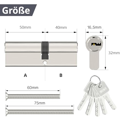 MANICAF Schließzylinder 40/50 Zylinderschloss mit 5 Schlüssel, Profilzylinder, Türzylinder Beidseitig Schließbar, Euro Kupfer Zylinderschloss