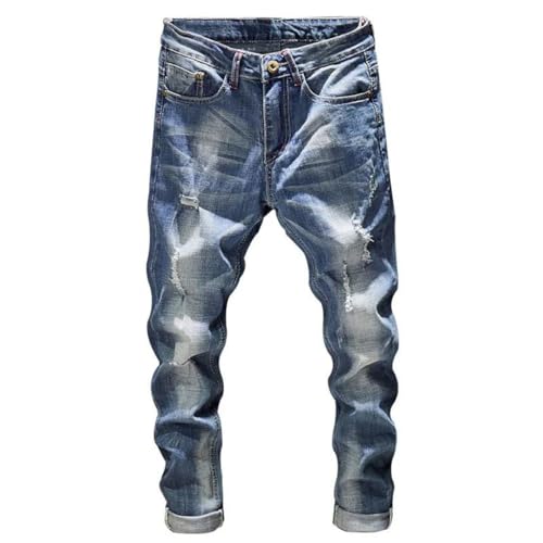 Men Slim Fit Light Blue Stretch Streetwear Frayed Hip Hop Distressed Casual Denim Trousers4
