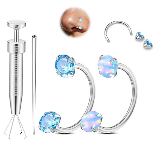 20G Horseshoe Nose Rings Studs,Surgical Steel Nose Ring Blue Cubic Zirconia Nose Piercing,Internally Threaded Nose Rings For Women,Blue Zirconia and Opal