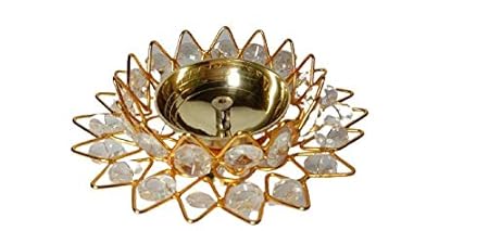 Puja Metal Craft Present Brass Bowl Crystal Diya Round Shape Kamal Deep Akhand Jyoti Oil Lamp for Home Temple Puja Purpose (Size 5 Inch, Medium)
