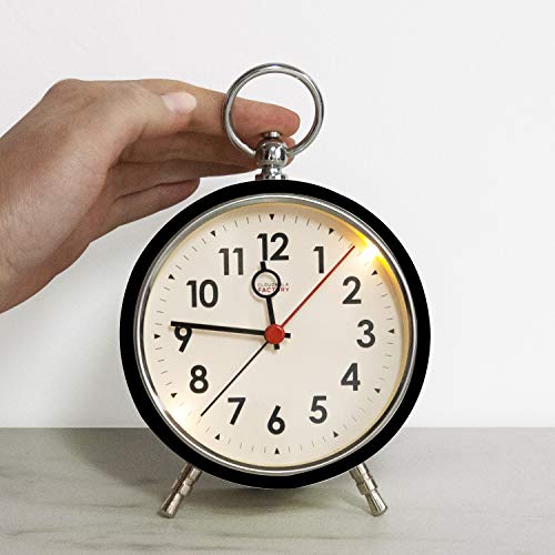 Cloudnola Station Metal Alarm Clock, Black And White, Led Light Up, 4.4 Inch Diameter, Silent Non Ticking, Battery Operated Quartz Movement #TOP2
