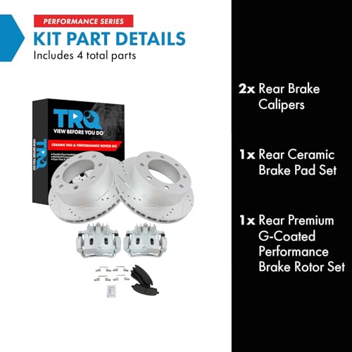 Image of TRQ Rear Performance Brake Pad, Caliper, & Rotor Kit Ceramic Premium G-Coated Compatible with 2000-2005 Ford Excursion 2000-2004 F-250 Super Duty F-350 Super Duty