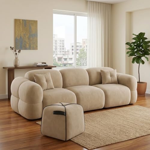 Image of FURNY Luxury Nimbus 4 Seater + Suri Pouf Sofa Set for Living Room | Boston Fabric Upholstered | Modern Cushioned Comfortable Couch for Home Office & Drawing Room | Sand Beige
