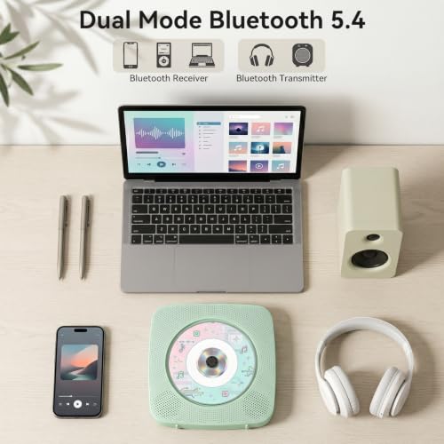 Image of CD Player Portable Bluetooth Rechargeable: CD Players for Home Kegaudio 1800mAh Desktop Wall CD Player with Speakers with Dust Cover FM Radio USB Remote Control