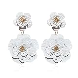 QIAOLEHUI Bohemian Daisy Flower Matte Floral Petal Drop Dangle Earrings Layered Tiered for Women Boho Wedding Jewelry (White)