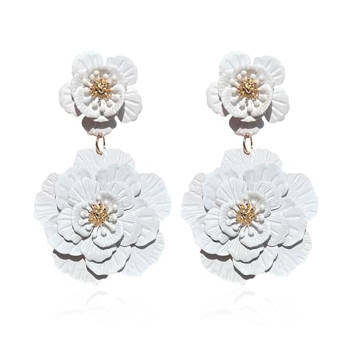 QIAOLEHUI Bohemian Daisy Flower Matte Floral Petal Drop Dangle Earrings Layered Tiered for Women Boho Wedding Jewelry (White)