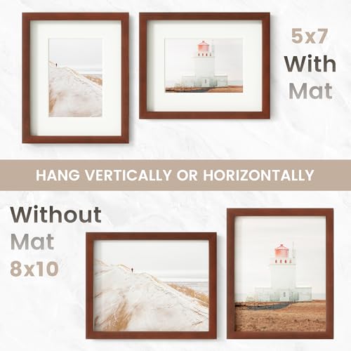 Image of 8x10 Picture Frame, USA-Sourced Natural Mahogany Wood Photo Collage Frame with HD Tempered Glass, Modern Simple 8 x 10 Wooden Frame Matted to 5x7, Gallery Wall Frames for Art, Wall or Tabletop Display