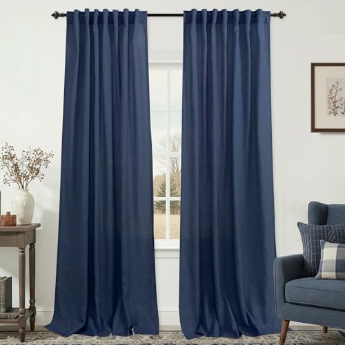 KOUFALL 100 Inch Linen Semi Sheer Curtains, Back Tab Rod Pocket Sheer Privacy Drapes for Living Room Bedroom, 52" W x 100" L, Navy Blue