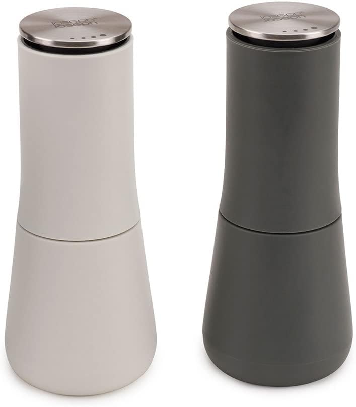 Milltop Non-Spill Salt and Pepper Mill 2-piece Set, Refillable with Ceramic Grinder, Adjustable Grinding Size, White/Dark Grey