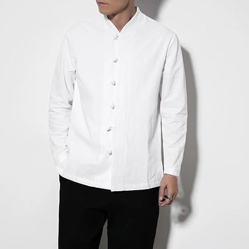 Blusa masculina vintage casual sem colarinho, botão único, cor lisa, manga comprida, estilo coreano,