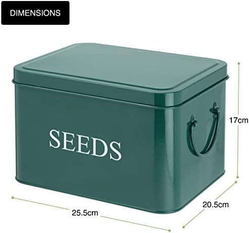 Deerstone Seed Packet Storage Box. Metal Garden Seed Tin Organiser for Gardeners with Monthly Dividers & 10 Envelopes. Powder Coated Steel Green