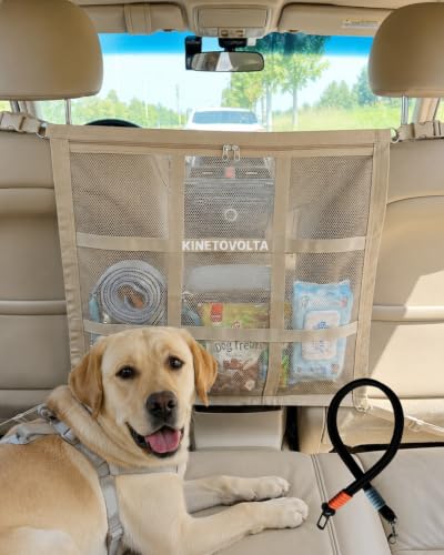 KINETOVOLTA Dog Car Net Barrier Beige with Dog Seat Belt for Car