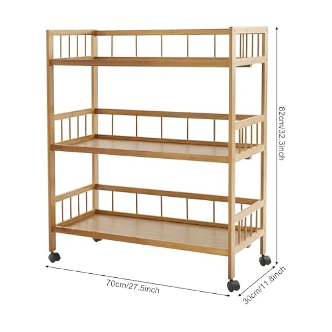 3-Tier Bamboo Rolling Cart, Kitchen Serving Cart, Storage Rack Utility Mobile Trolley with 4 Wheels for Home Bar Living Dining Room (27.5x11.8x32.3in)-oBJRLiIg