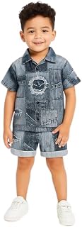 CABSNV Toddler Boys Denim Shirt and Shorts Set, Casual Summer Patchwork Outfit with Rolled Hem Shorts Price In India
