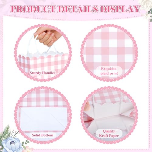 Houuqe 36 Pcs Gingham Party Supplies Pink Gift Bag with Handles Scalloped Pink and White Plaid Paper Candy Bags Double Side Kraft Paper Goodie Bags for Spring Wedding Party Decor - Image 6