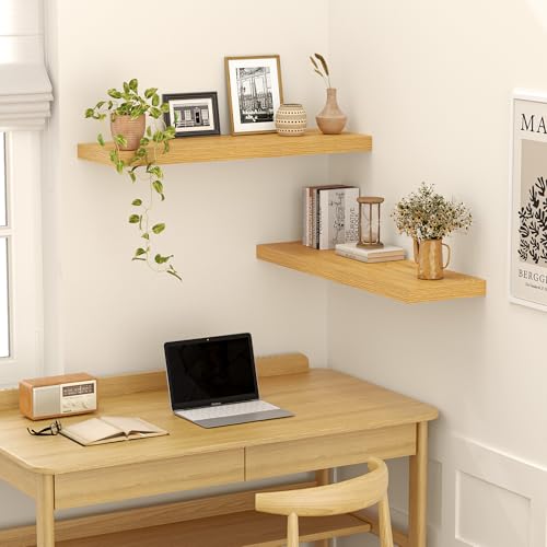 Image of 24 Inch Floating Shelves, 12 Inch Deep Floating Shelves for Wall, Extra Deeper & Thicker Wooden Wall Shelf with Invisible Brackets, Shelf for Bedroom Living Room Home Decor(Oak, Set of 2)