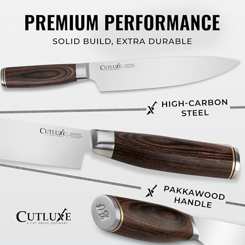 Image of Cutluxe 3-Piece Chef Knife Set - Ultra Sharp Japanese Kitchen Knives, High Carbon Stainless Steel Blades, Full Tang Pakkawood Handles - Shinobi Series