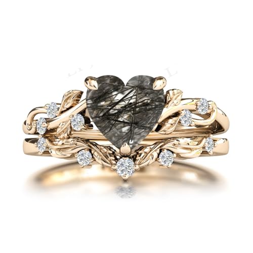 Natural Heart Black Rutilated Quartz Engagement Ring Set 925 Sterling Silver Rings for Her with Free Engraving Jewelry Gift for Women Black Rutilated Quartz Vintage Ring Set Size 4-12 -44