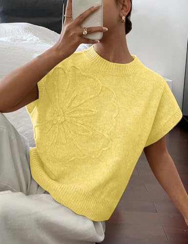 Image of 2026 Womens Floral Sweater Vest Cute Cap Sleeve Tops 3D Flower Decor Knit Tank Top Loose Spring Fall Summer Clothes