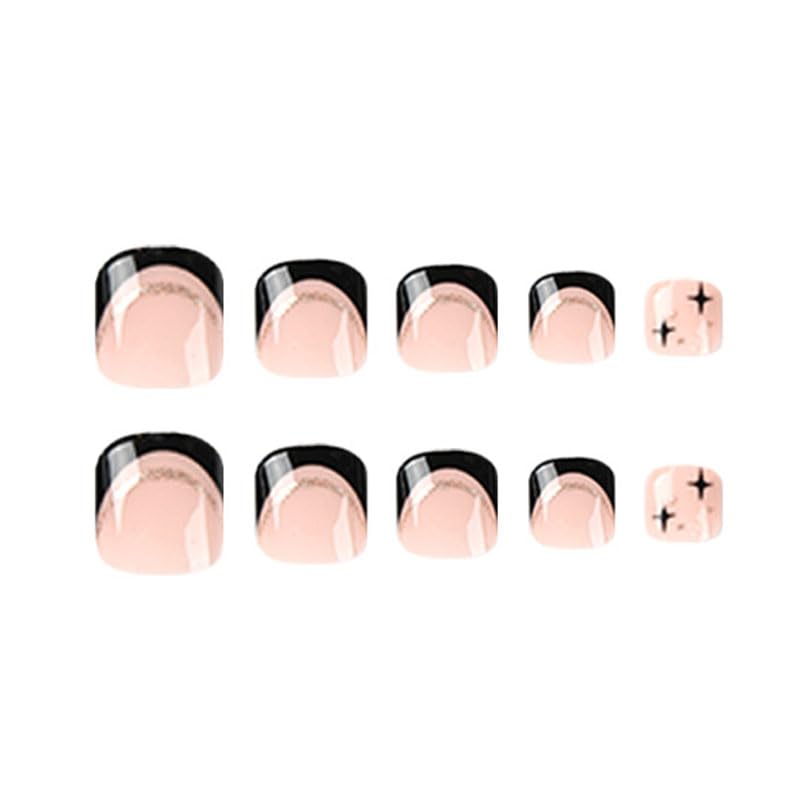 Miniatura 3 de Puntas francesas negras a presión en uñas de los pies con purpurina dorada, puntas de uñas postizas brillantes cortas cuadradas acrílicas para las