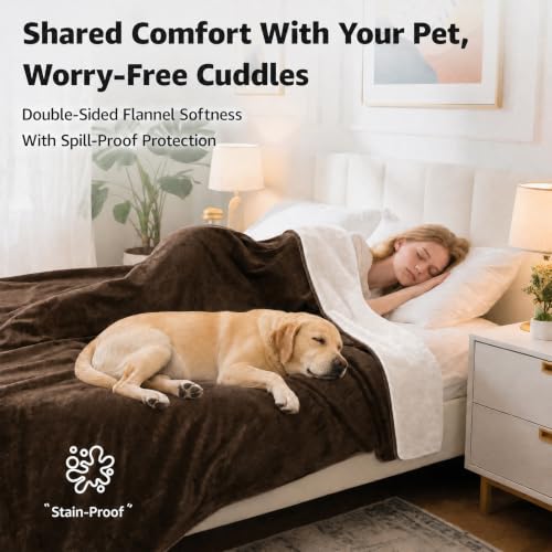 Image of LOOBANI Waterproof Blanket for Bed Intimacy King Size 85 inchx108 inch, Coffee | Double-Side Leak-proof Cozy Flannel, Reversible, Stain-Proof Cover for Rest Movie Time, Furniture Protection, Large Dogs,
