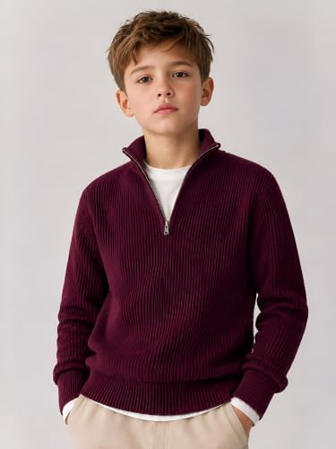 Buy Clothify Boys Quarter Zip Sweater, Ribbed Knit Mock Neck, DK Wine - Image 8