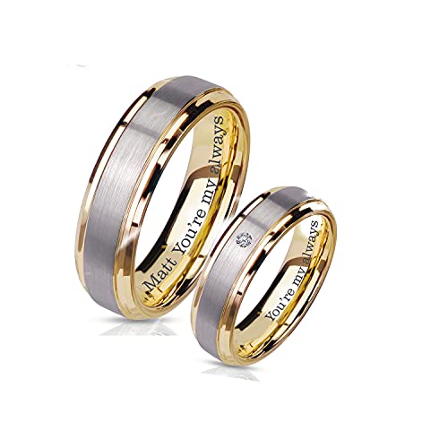 Personalized Two Tone Brushed Silver & Gold Ring Set Custom Engraved Free In Any Language - Couple's Ring Set - Wedding Band Set - Ships From USA2