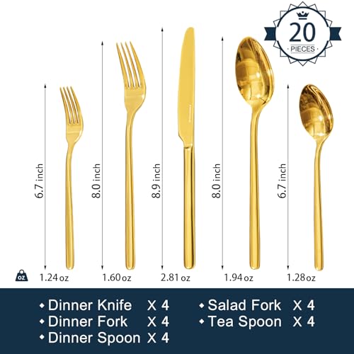 Image of KINGSTONE Gold Silverware Set, 20 Piece Flatware Cutlery Set for 4, 18 /10 Stainless Steel Silverware Mirror Polished Dishwasher Safe for Home, Restaurant, Wedding, Party(Gold, 20 pieces for 4)