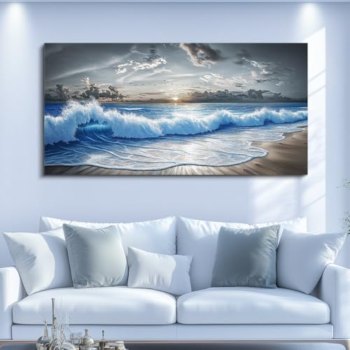 PHAOHUAXM Large Canvas Printed Artworks Mural Wall Decor For Living Room Wall Art For Bedroom Office Decor Black White And Blue Ocean Wave Landscape Painting Modern Home Decor Ready To Hang 30"X60"