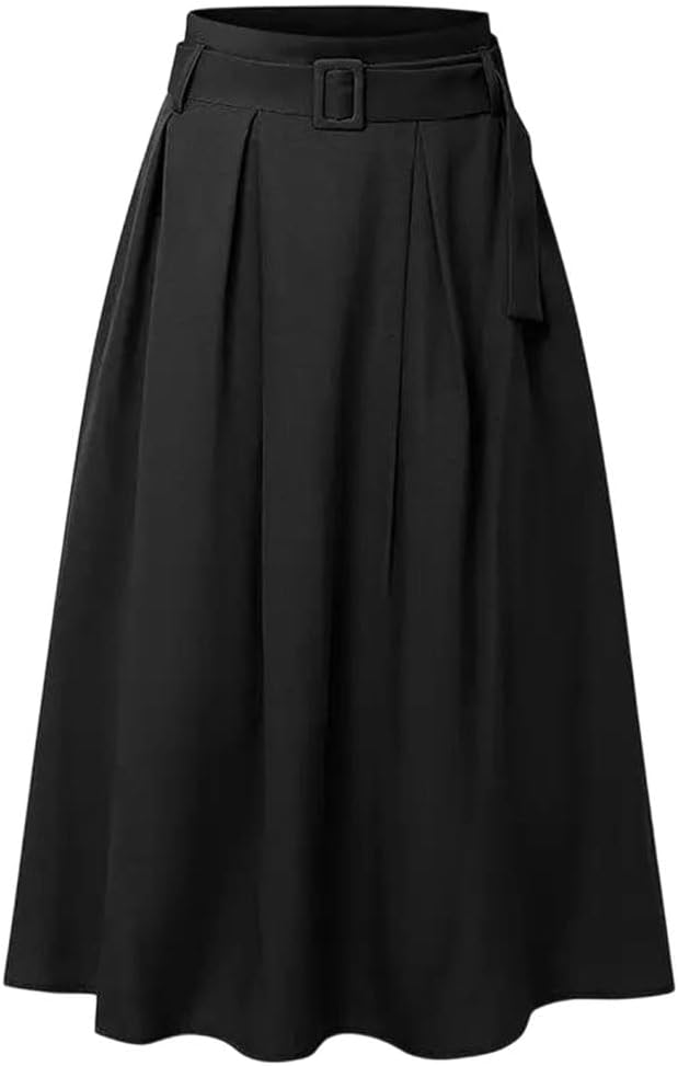 Women Midi Skirt Faux Denim A-Line Solid Skirts for Work Holiday Wear