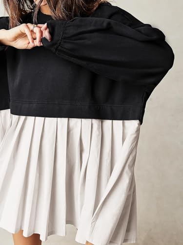 Image of Dokuritu Sweatshirt Dress Women Crew Neck Long Sleeve Patchwork Pullover Tops Flowy Oversized Sweatshirt Mini Dress