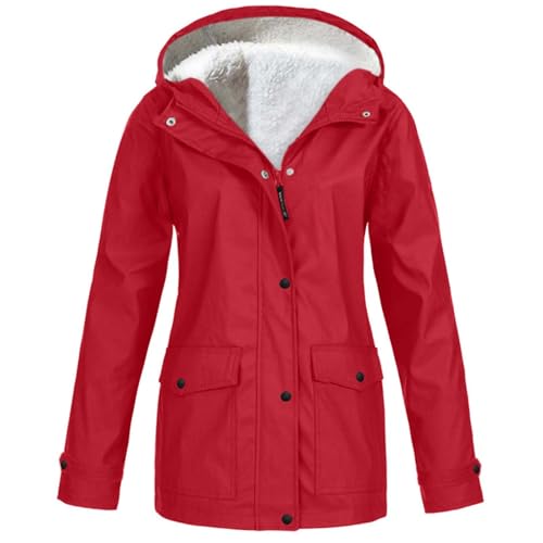 AMDOLE Chaqueta impermeable de felpa para mujer, con cremallera, casual, cortavientos, chaqueta de manga larga, chaqueta de viaje, chaqueta larga casual para mujer, rosso, 3XL