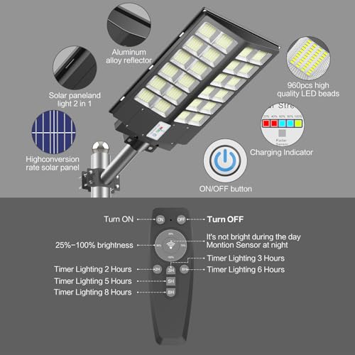 Image of 1500W Solar Street Light Outdoor Waterproof 120000 Lumens Dusk to Dawn Solar Flood Light Motion Sensor, LED Solar Lights with Remote Control for Parking Lot, Backyard