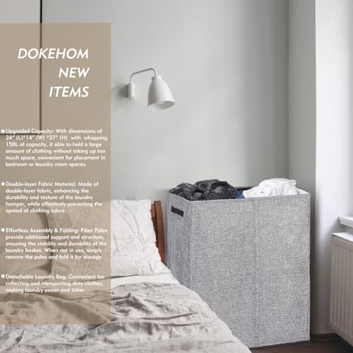 DOKEHOM 150L Double Laundry Basket with Lid and Removable Laundry Bags, Large Collapsible Laundry Hamper with 2 Sections for Bedroom, Bathroom, Laundry Room, Colloge (Grey) - Image 2