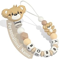 Chupa Chupete Yolnkos Cadenas Chupetes Personalizado para Bebé con Nombre Teddy Oso Chupetero Niño Chicas(Marrón)