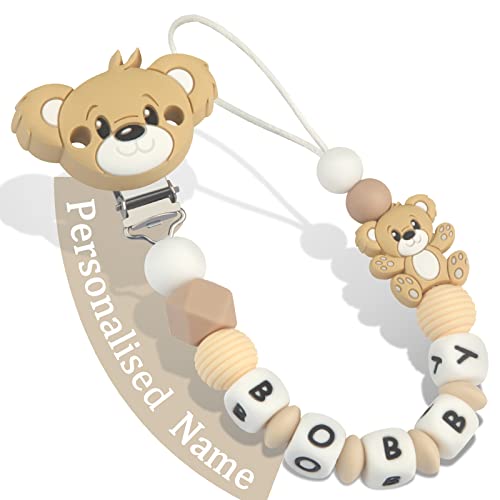 Yolnkos Attache Sucette Nom Personnalisé Prenom Teddy Ours Tetine Clips Chaîne pour Bébé Filles Garçons(Brun)