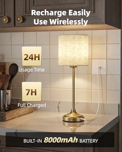 Image of Cordless Table Lamp, 8000mAh, Dimmable, Ambient Light, 2700K, Touch Control, Portable, LED, Wireless, Rechargeable, Battery Operated, Desk Lamp, Kitchen Lamp, Fabric Shade, for Dining Room, Bedroom