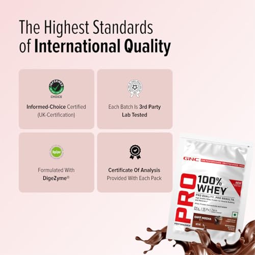 Image of GNC Pro Performance 100% Whey Protein | New Formulation | 24g Protein, 5.7g BCAAs, 12.3g EAAs | Added DigeZyme | Whey Isolate & Concentrate Blend, Low Carb (4.51g), No Added SugarCafe mocha35g