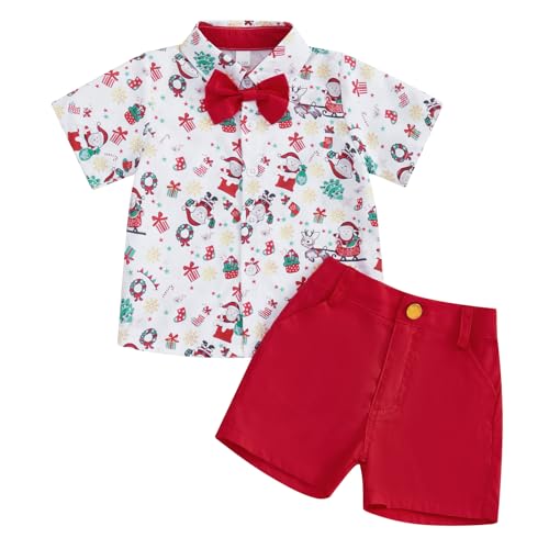 Toddler Baby Boy Christmas Outfit Button Up Short Sleeve Bowtie Shirt and Shorts Set Gentleman Outfits Suit