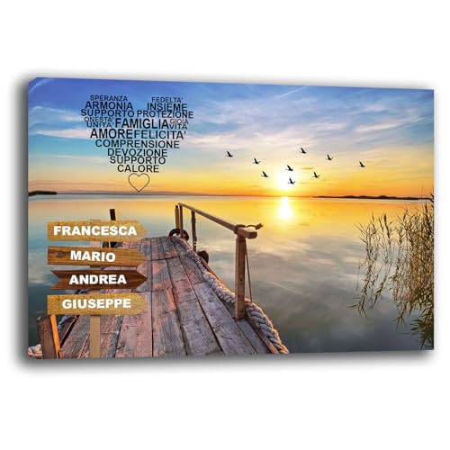 Printerland Quadro personalizzato NOMI FAMIGLIA Stampa su tela canvas personalizzata Famliari Amore Quadri moderni con Cornice in Legno Inclusa (50x70 cm, 4 NOMI)